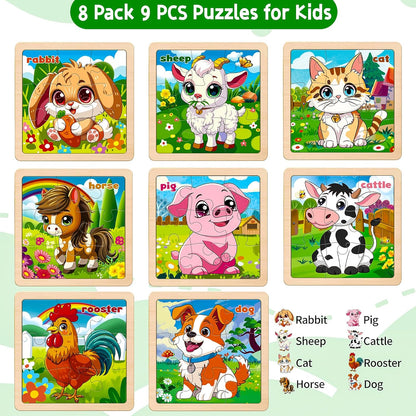 Wooden Animals Puzzles for Toddlers 2-4, 8 Pack 9 PCS Jigsaw Puzzles for Kids 2-4, Wooden Puzzles for Toddlers 3-5, Animal Puzzles for Kids 3-5, Preschool Puzzles Learning Educational Sets Toys