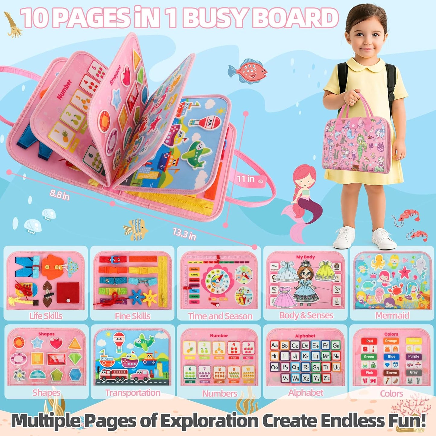 Toddler Busy Board Montessori Toys for 3 Year Old Birthday Gifts for Kids 10 Pages in 1 Soft Felt Activity Book Develop Fine Skills Educational Learning Sensory Travel Toys for Airplane Car