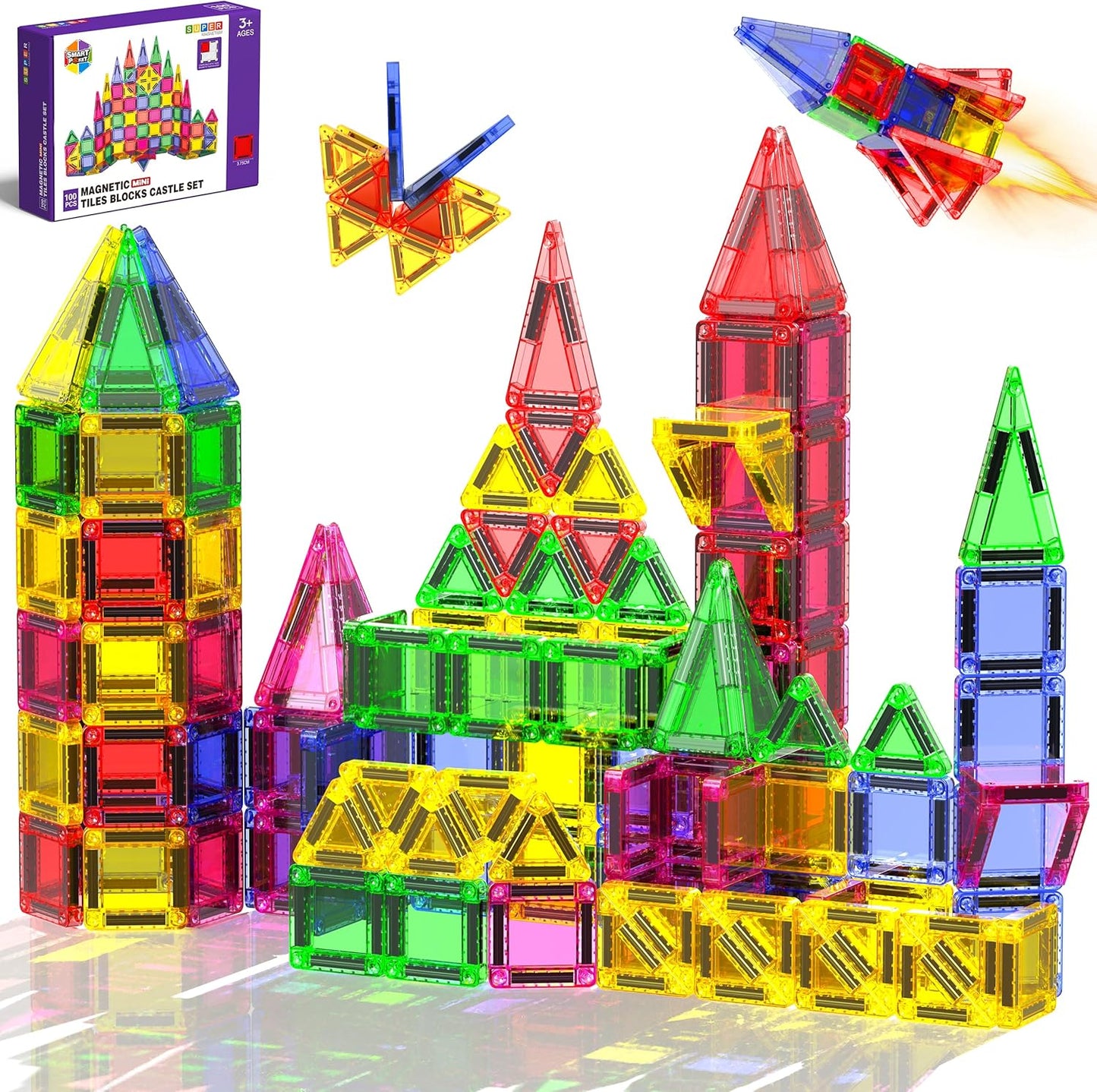 Mini Magnetic Tiles, 40 PCS Travel Magnetic Tiles with Tin, Micro Magnet Travel Toy Portable for Kids Age 3+, STEM Educational Building Set Construction Toys, Boys Girls Toddlers Birthday Gifts