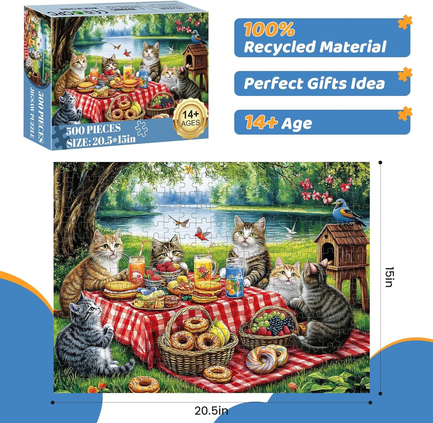 500 Piece Puzzles for Adults, Cat Family Dinner Large Piece Jigsaw Puzzle for Adults Seniors,Recycled Cardboard Puzzle 500 Piece,Family Activity Great Gift for Family Friends 20.5 * 15 in