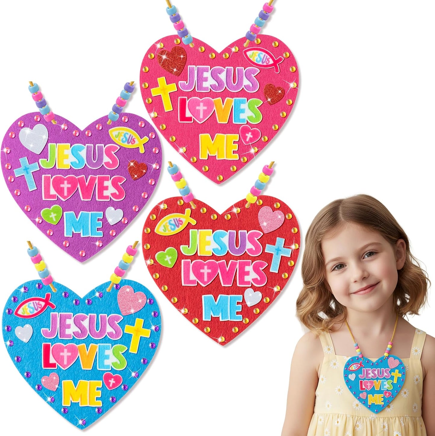 BeYumi Bunny Necklace Craft Kit - 24Pcs Bunny Peeps Felt Necklace Making Kits with Beads and Gem Sticker DIY Cute Rabbit Craft for Kids Sunday School Home Classroom Gift Party Favor Fun Activities