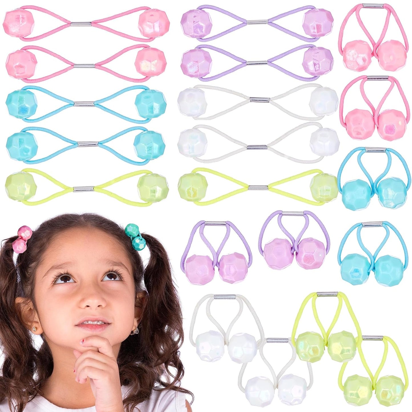 20pc Ponytailers Balls Elastics 18mm Round Opaque Multicolored Twin Beads Bauble Holders Toddler Kids Braiding Styling
