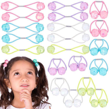 20pc Ponytailers Balls Elastics 18mm Round Opaque Multicolored Twin Beads Bauble Holders Toddler Kids Braiding Styling