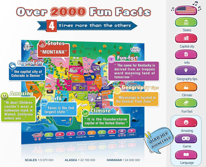 Qiaojoy Bilingual Interactive World Map for Kids Learning and Educational Toys, Talking Electronic Kids World Map i-Poster Geography Games Ages 3 to 12 Years Old, Custom Talking Birthday Gifts Card