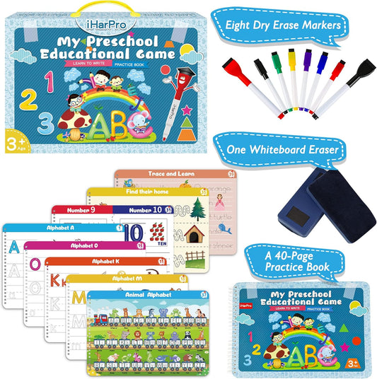 Handwriting Practice Tracing Books for Kids Ages 3-5, Montessori Preschool Learning Activity, Autism Educational Learn Number Letters Shapes Animal & Sight Words Workbook with 8 Dry Erase Markers