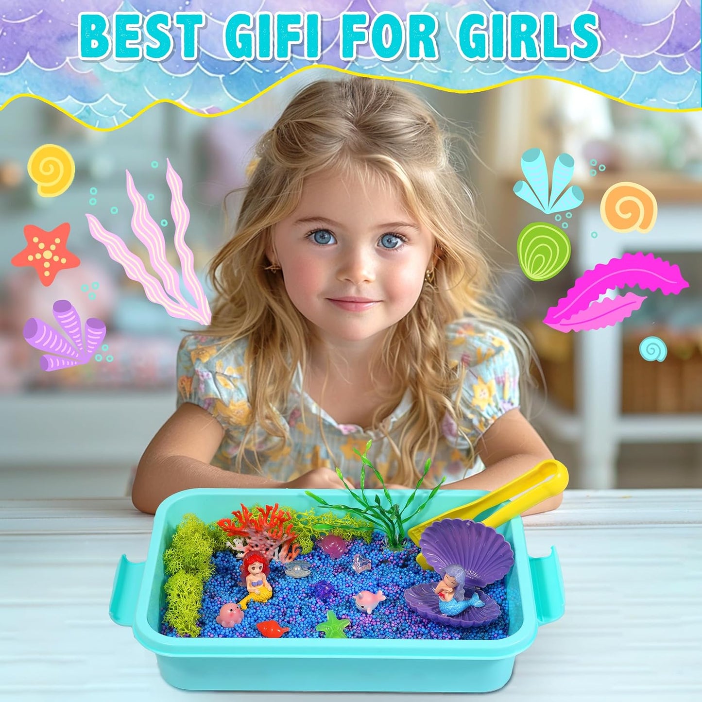 Carolart Mermaid Sensory Bin,Ocean Sensory Play Kit for Girls with Sensory Foam Beads and Storage bin, Ocean Sensory kit,Toddler Toys Ages 3 4 5 6 7 8