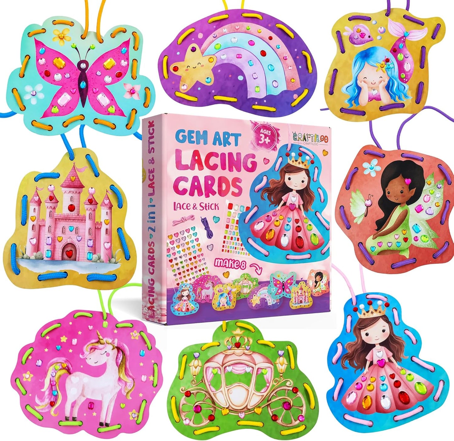 CRAFTILOO Lacing Cards for Kids Ages 3-5 - 8 Princess Sewing Cards with Gem Stickers, Toddler Lacing Toy, Fine Motor Preschool Threading Activity for Ages 4-8