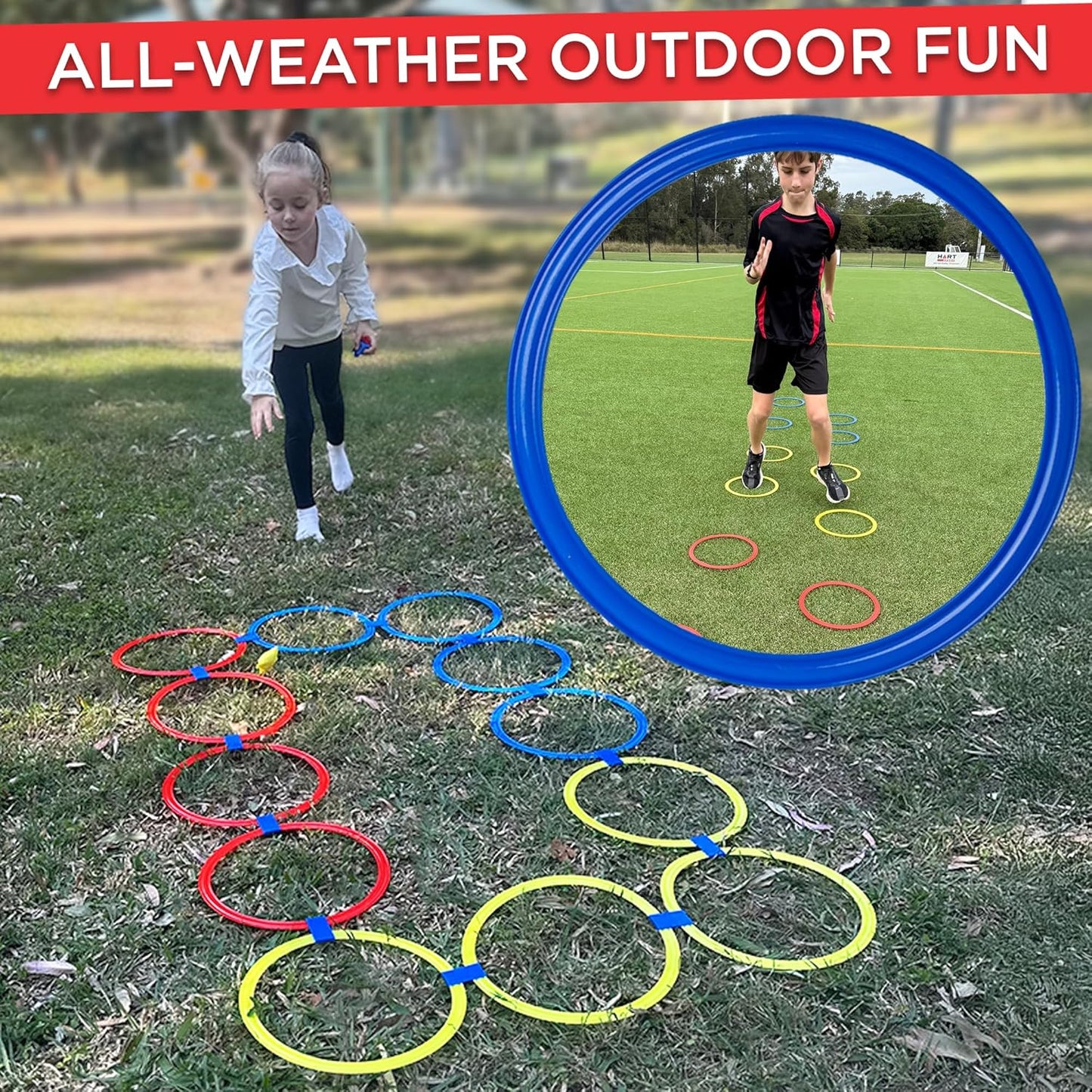 Hopscotch Rings, 12 x 11 Inch Rings & 3 Bean Bags, Play Hopscotch Outdoor & Indoor Obstacle Course for Kids 3-5, Recess Toys & Physical Education Equipment, Gross Motor Games PE Equipment