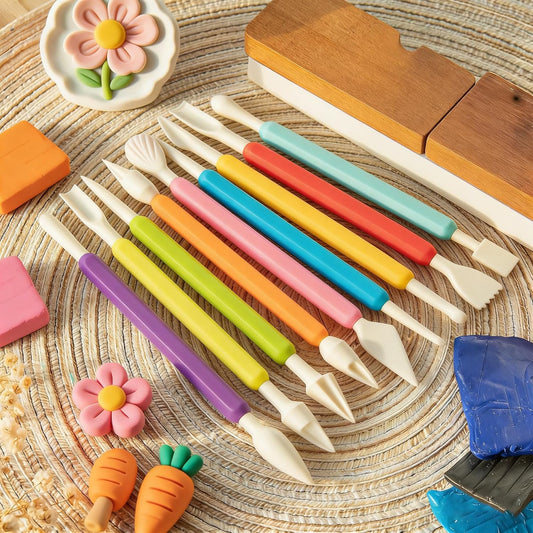 Kleeblatt Dough Tools Set for Kids - 19 Pcs Playdough Kit with 9 Basic Dough Tools, 9 Double-Headed Clay Carving Tools & Cleaning Brush, Safe for Toddlers Ages 2-8, for Clay/Plasticine/Sand