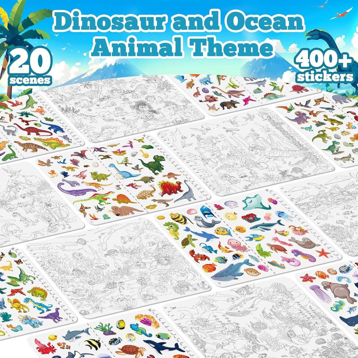 Kalysky Dinosaur and Ocean Animal Scene Sticker Book for Kids Ages 4-12, Search and Find Sticker Activity Book–Travel Toys for Toddlers, Airplane & Road Trip Games, Educational Fun