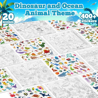 Kalysky Dinosaur and Ocean Animal Scene Sticker Book for Kids Ages 4-12, Search and Find Sticker Activity Book–Travel Toys for Toddlers, Airplane & Road Trip Games, Educational Fun