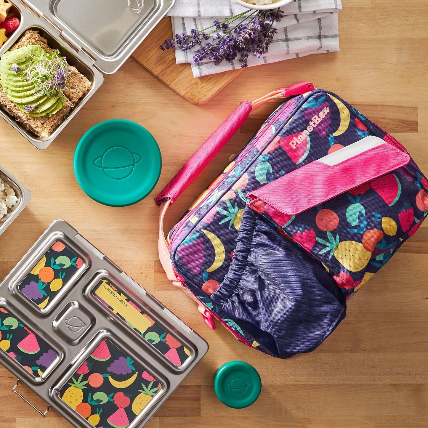 PlanetBox Rover Stainless Steel Bento Box Style Lunch Box Kit for Youth with 5 Compartments – Butterflies Edition includes Insulated Lunch Bag, Leakproof Food Containers & Matching Magnets