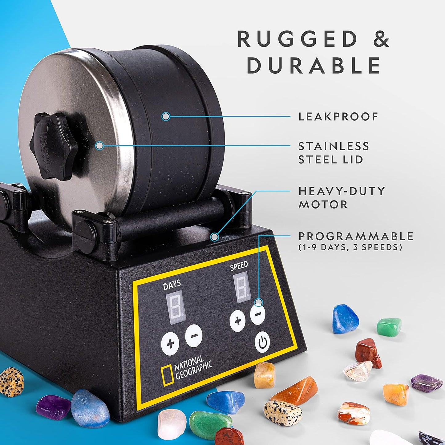 National Geographic Professional Rock Tumbler Kit – Extra Large 2 Lb. Barrel with 3-Speed Motor & 9-Day Timer – Geology DIY Kits for Adults, Rock Collection Hobby, Great Educational STEM Science Kit