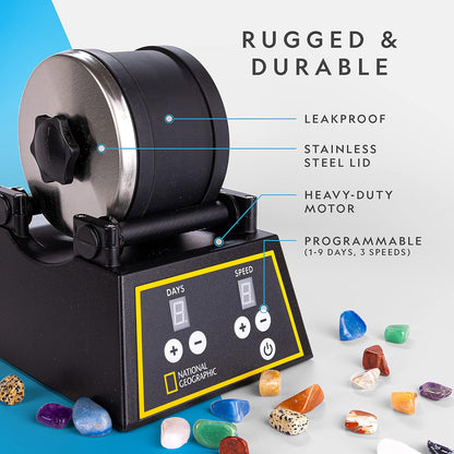 National Geographic Professional Rock Tumbler Kit – Extra Large 2 Lb. Barrel with 3-Speed Motor & 9-Day Timer – Geology DIY Kits for Adults, Rock Collection Hobby, Great Educational STEM Science Kit