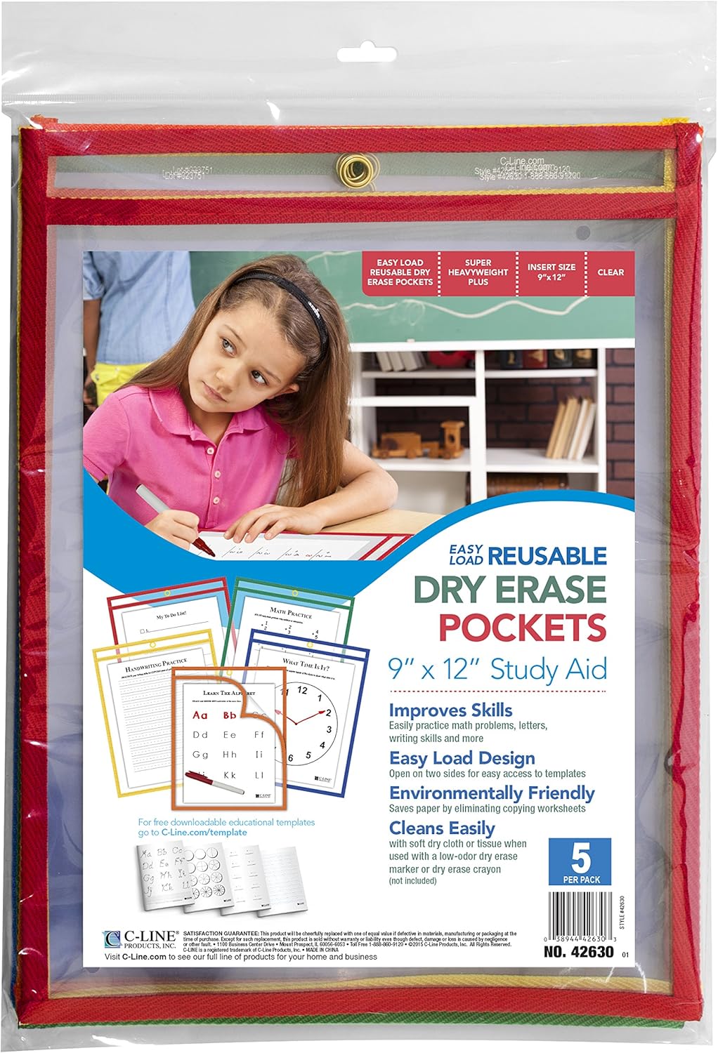 C-Line Reusable Dry Erase Pockets, 9 x 12 Inches, Assorted Neon Colors, 25 Pockets per Pack (40820)
