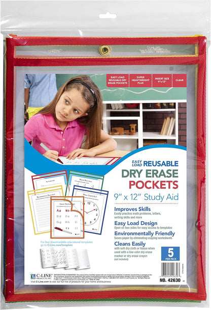 C-Line Reusable Dry Erase Pockets, 9 x 12 Inches, Assorted Neon Colors, 25 Pockets per Pack (40820)