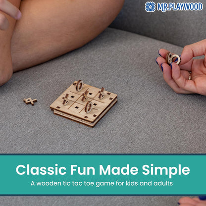 -Wooden Tic Tac Toe Game - 3D Mechanical Wood Model Board Games - Portable Pocket Size Travel Game for Kids & Adults - Coffee Table Games & Home Decor - 15 Piece DIY Logic Puzzle
