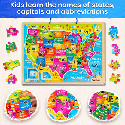 SYNARRY Large USA World Wooden Puzzles for Kids Ages 4-6, Learning United States World Maps Puzles for Kids Ages 6-8, Wood Jigsaw Puzzles Educational Games Toys Gifts for Boys Girls Ages 3-8