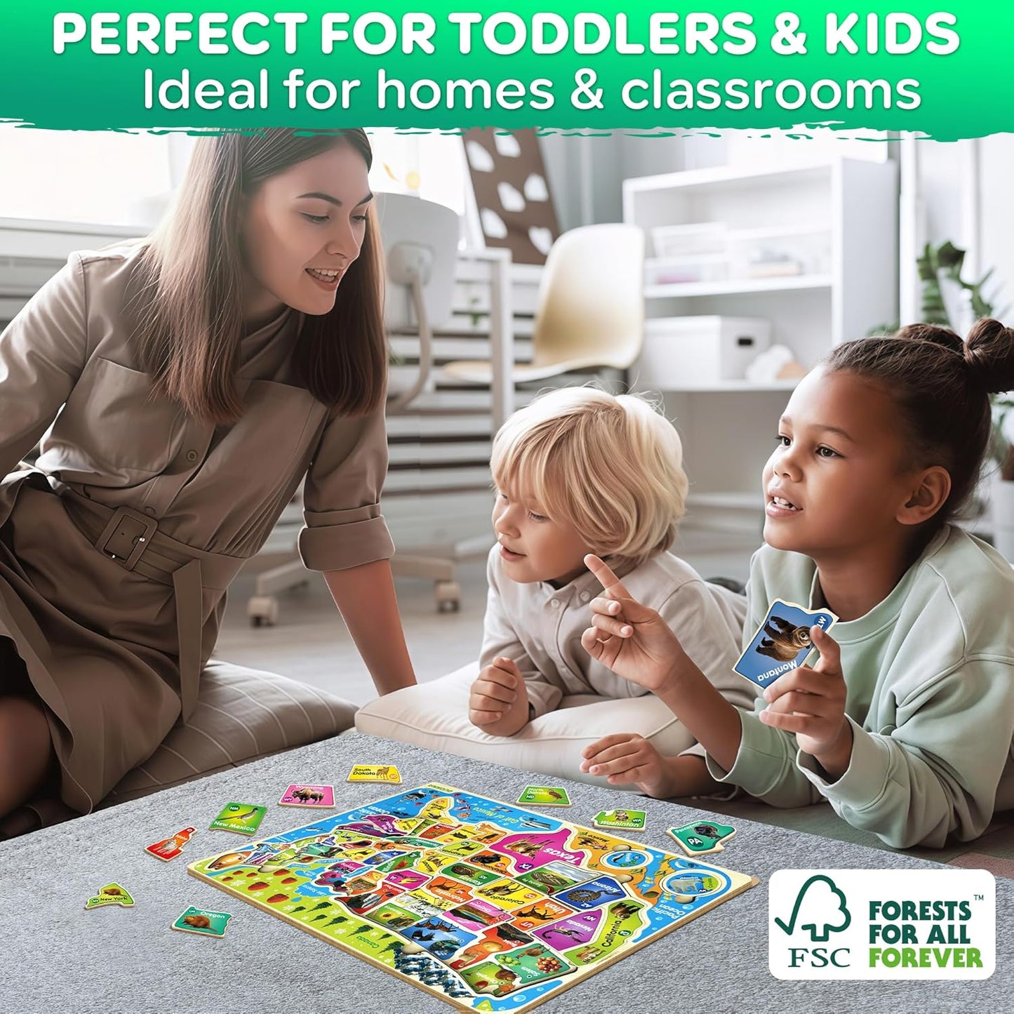 QUOKKA Puzzles for Kids Ages 4-6 - Realistic USA Map Wooden Puzzles for Toddlers 3-5 - Montessori Wood Educational Toys for 2-4 Years Old - United States Geography Learning Games for Kids 6-8