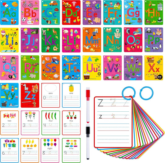 31 PCS Alphabet Flash Cards, Double-Sided Printing Dry Erase Letters Sight Words and Number Learning Cards Letter Tracing Practice Cards for Preschool, Kindergarten (2 Reclosable Rings & 2 Markers)