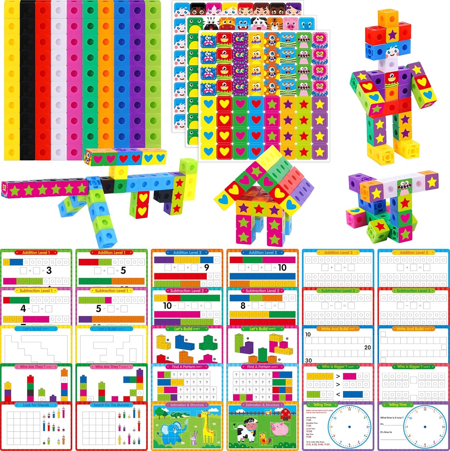 SpriteGru Math Linking Cubes, Math Cubes Manipulatives with Activity Cards Linking Cube Math Counters for Kids Kindergarten Learning Activities