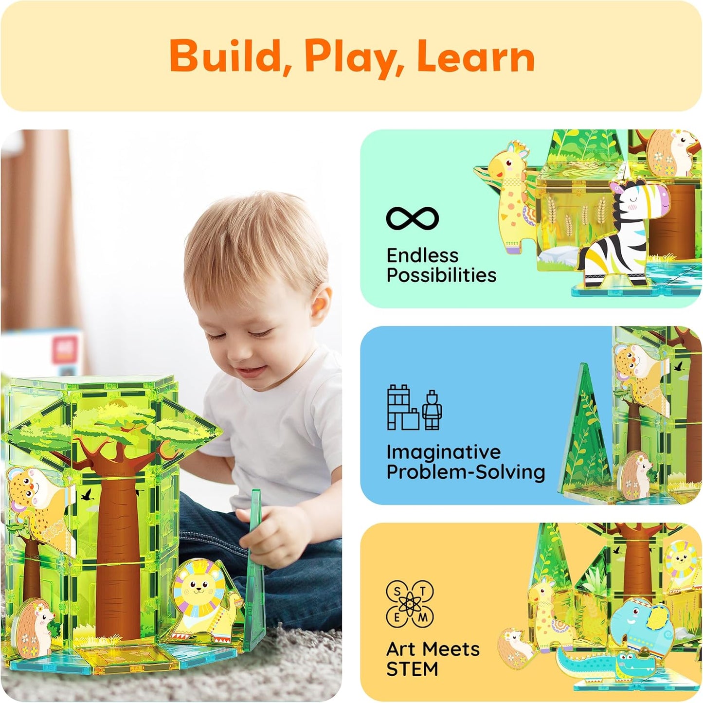 PicassoTiles Magnet Tiles Magnetic Building Blocks Aquarium Marine Animal Theme Set with 8 Character Action Figures Shark Crab Turtle STEM Toys Construction Preschool Toddlers Kids Boys Girls 3+ PTQ15