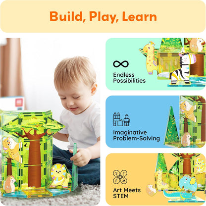 PicassoTiles Magnet Tiles Magnetic Building Blocks Aquarium Marine Animal Theme Set with 8 Character Action Figures Shark Crab Turtle STEM Toys Construction Preschool Toddlers Kids Boys Girls 3+ PTQ15