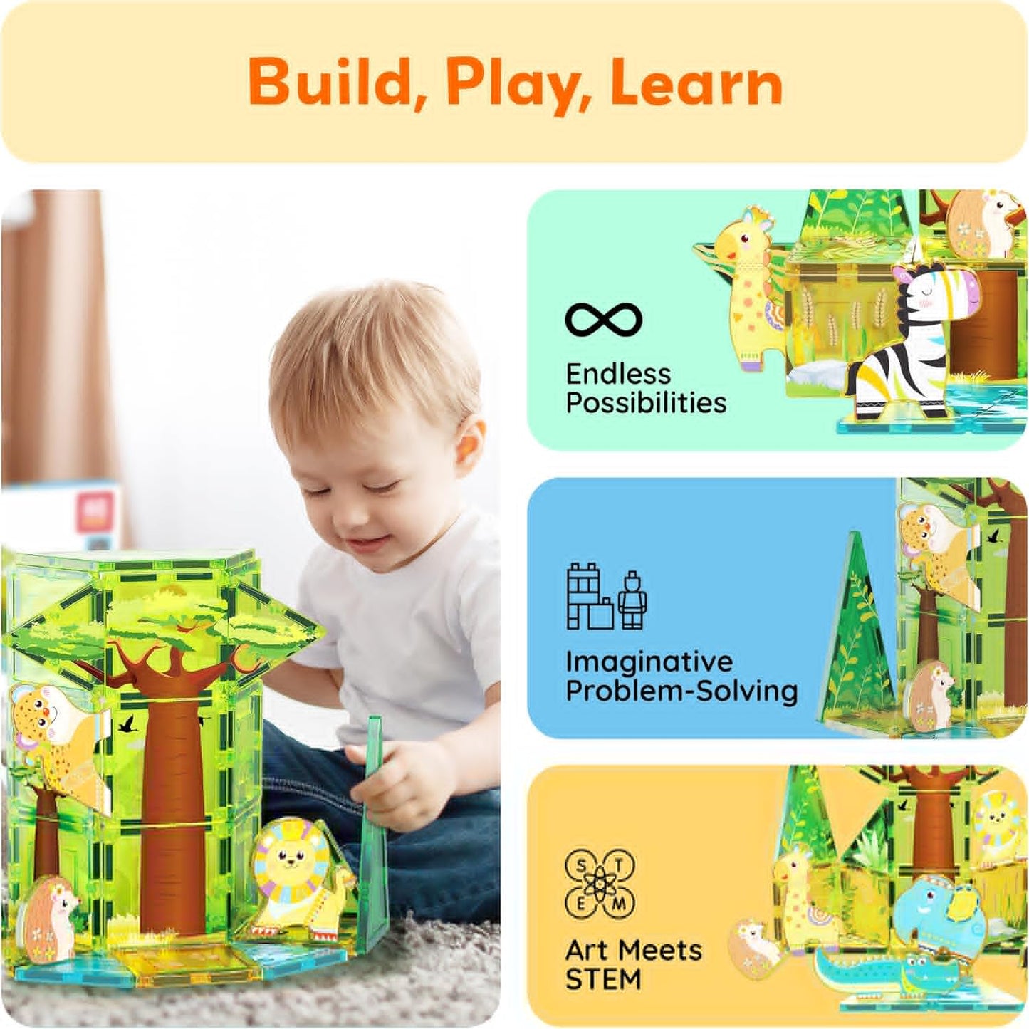 PicassoTiles Magnetic Tile Building Blocks Add On 8 Magnetized Action Figures Construction Vehicles & Zoo Animal Theme Compatible with Magnet Tiles Sets STEM Learning Toy for Boys & Girls Age 3+ PTA21