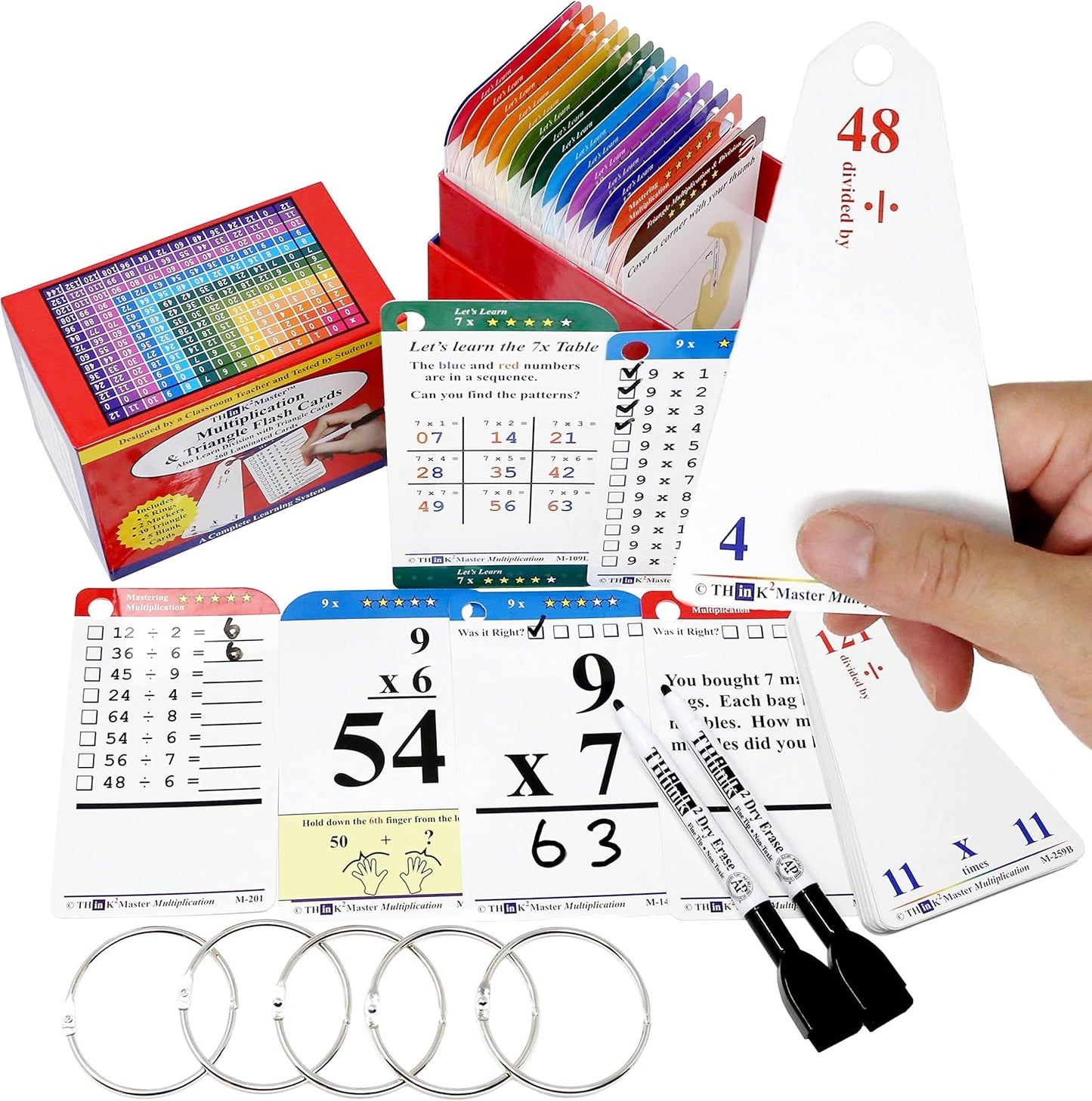 Think2Master Addition Flash Cards. Learn to Add & Subtract by Counting, Writing, Understanding & Memorizing. 260 Laminated Cards, 39 Triangle Cards, 2 Dry Erase Markers, 5 Rings & 30 Counters