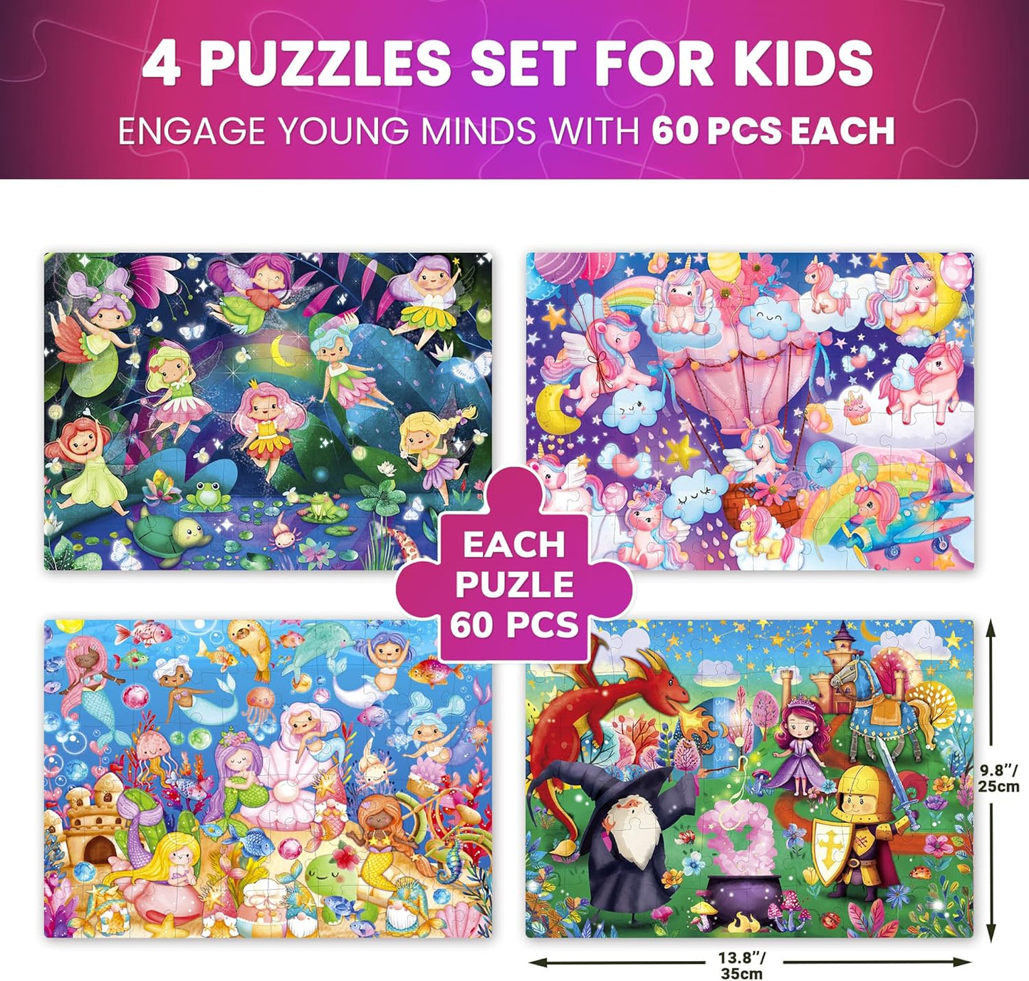 QUOKKA Puzzles for Kids Ages 4-6 - Set of 4x60 Jigsaw Puzzles for Toddlers 3-5 - Unicorn Princess Animals Toys for Children 6-8 yo - Gift Educational Game for Boys & Girls
