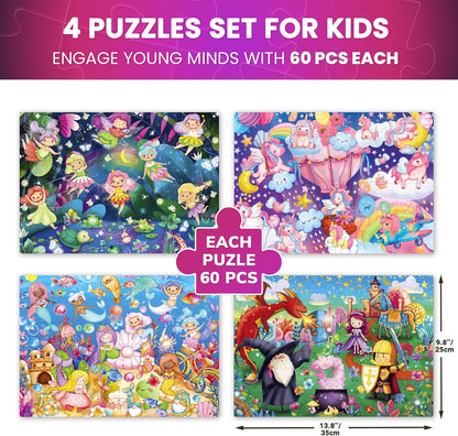QUOKKA Puzzles for Kids Ages 4-6 - Set of 4x60 Jigsaw Puzzles for Toddlers 3-5 - Unicorn Princess Animals Toys for Children 6-8 yo - Gift Educational Game for Boys & Girls