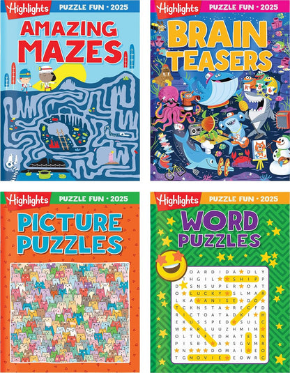 Highlights for Children Puzzle Fun 2025 Books for Kids Ages 6 and Up, 4-Book Set of Brain Teasers, Mazes, Word Puzzles and More Travel-Friendly Screen Free Kids Puzzles