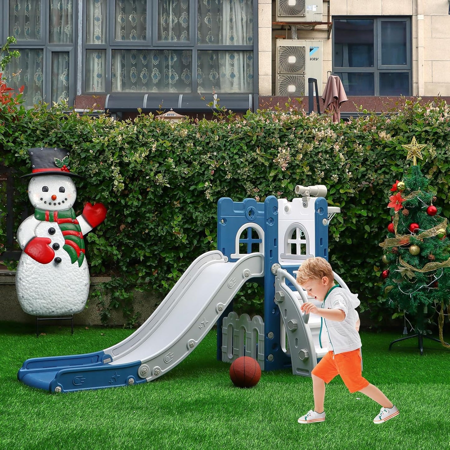LulliSpace 6 in 1 Toddler Slide,Kids Climber Slider for Indoor Outdoor Playground with Basketball Hoop,Storage and Telescope,L Shaped Slide for Toddler Climber Playset