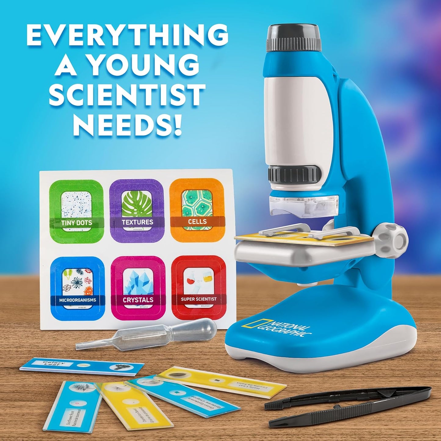 NATIONAL GEOGRAPHIC Microscope for Kids - Science Kit with an Easy-to-Use Kids Microscope, Up to 400x Zoom, Blank and Prepared Slides, Rock & Mineral Specimens, STEM Project Toy