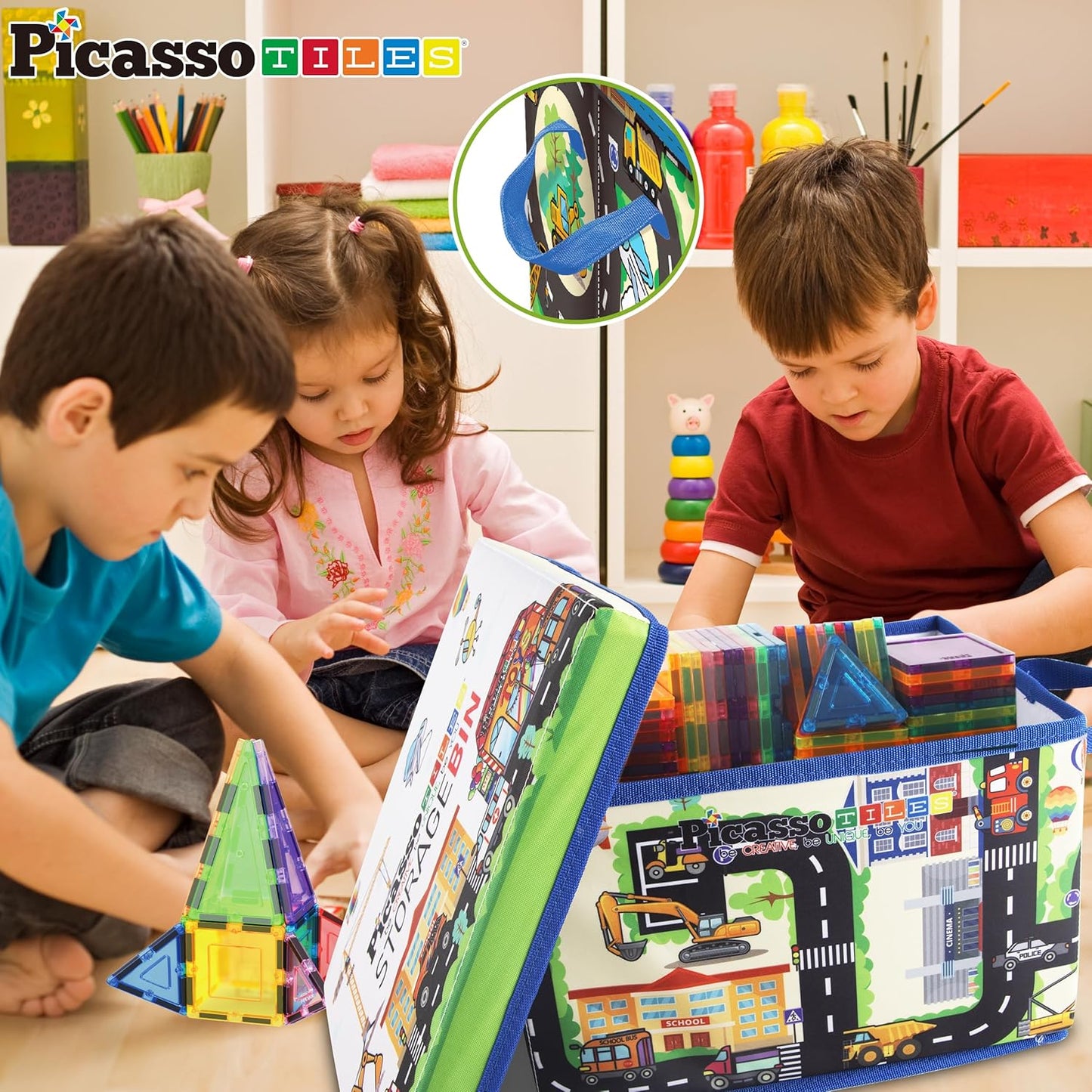 PicassoTiles Foldable Toy Storage Chest Box Forest Animal Theme Magnet Tile Organization Bin with Lid and Handles Magnetic Tiles Playroom Organizer STEM Early Educational Toys Boys Girls Ages 3+ PTA34