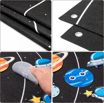 WATINC 44Pcs Outer Space Felt Story Board Set 3.5 Ft Solar System Universe Storytelling Flannel Interactive Play Kit with Hooks Astronaut Planets Alien Galaxy Reusable Wall Hanging Gift for Boys Girls