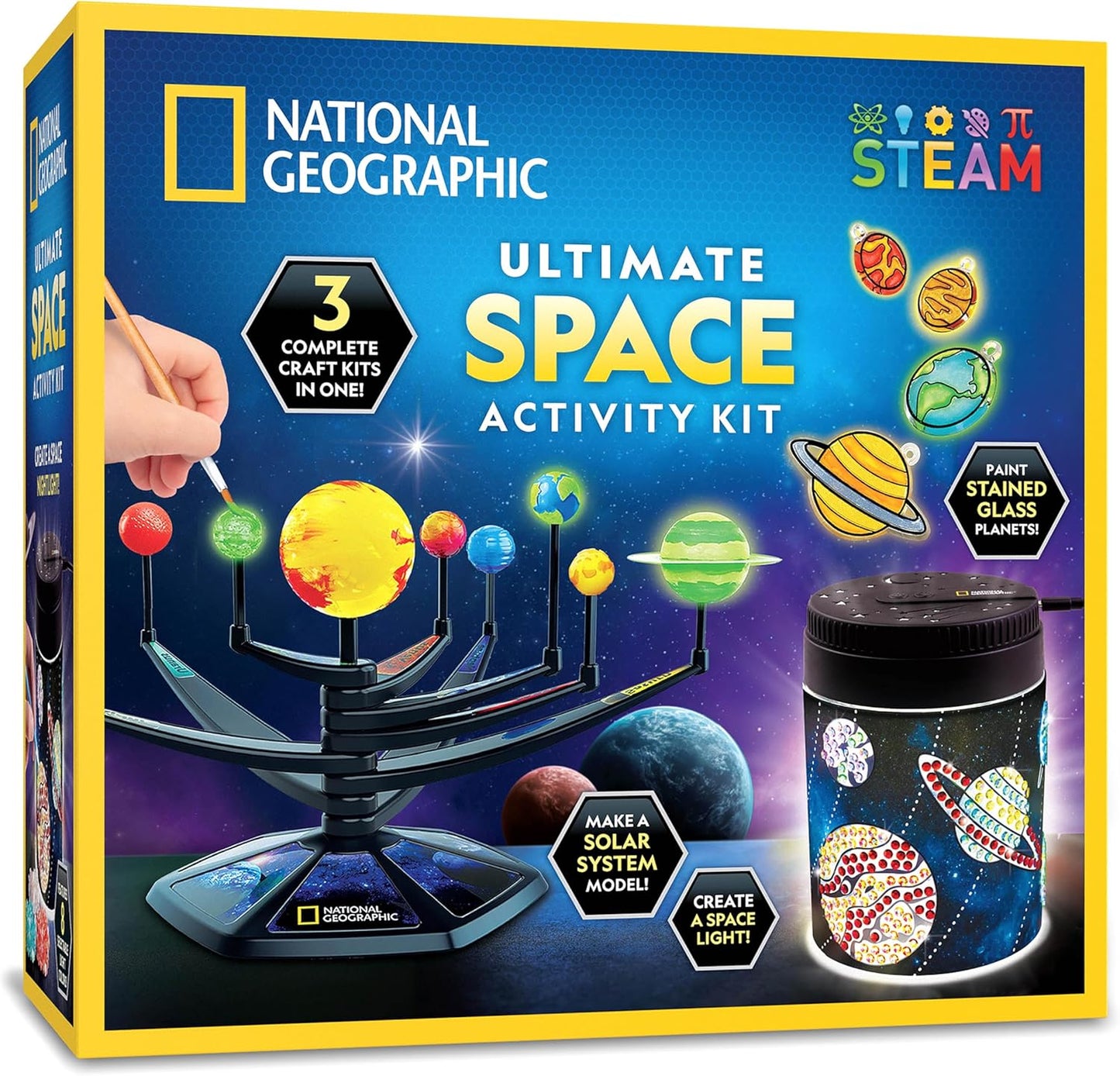 National Geographic Glow-in-the-Dark Solar System Model Kit for Kids - Build & Paint a 3D Planetary Model with Movable Arms, STEM Projects for Kids Ages 8-12, Space Themed Bedroom Decor