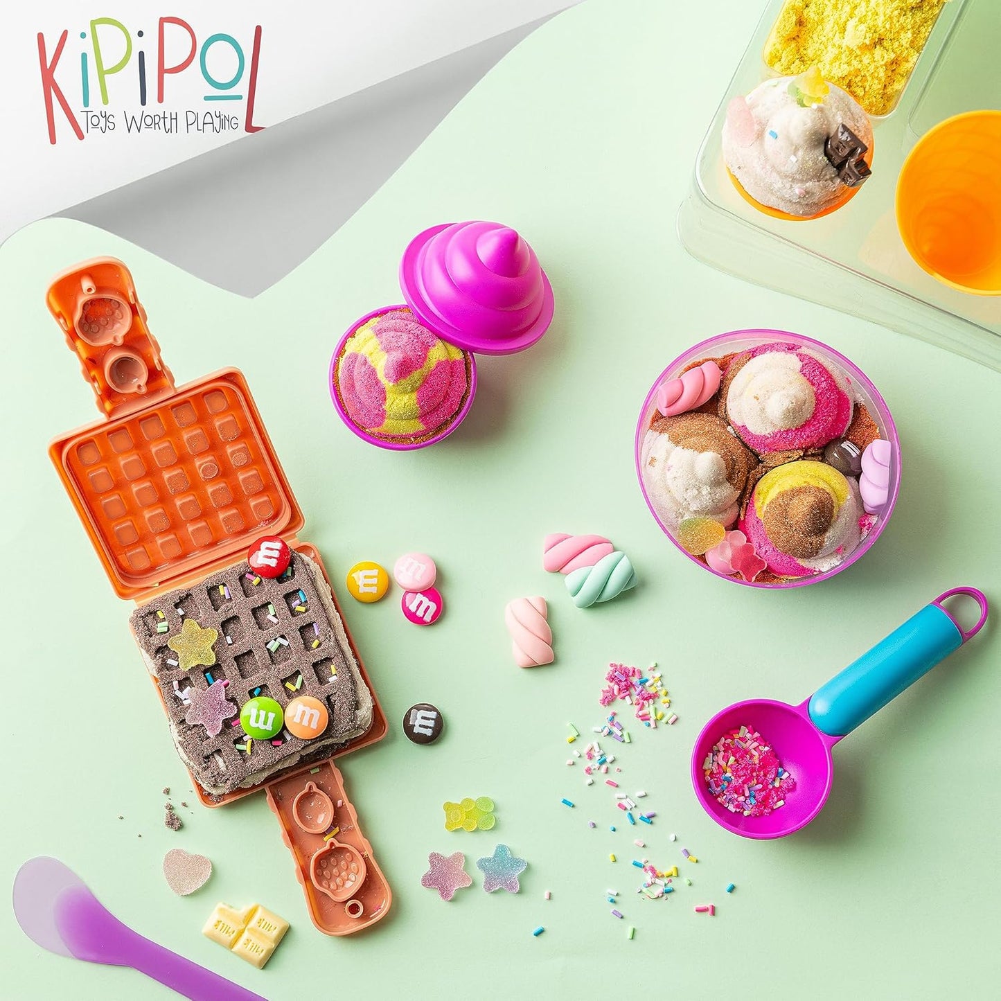 Kipipol Sensory bin - 29 pcs Ice Cream Toy Shop Play Sand Kit with 9 Ice Cream Sand Toys, 1.7 LB Moon Sand for Kids, Sandbox with A Lid - Pretend Play Sensory Toys for Girls and Boys Age 3-5 and Up
