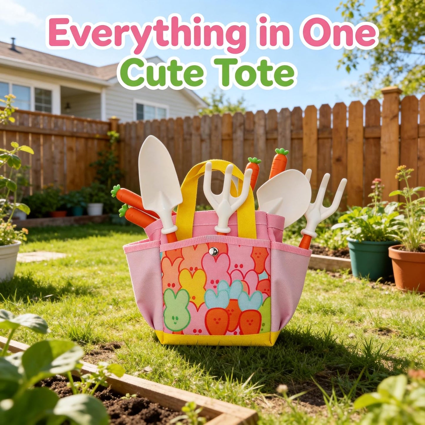 JOI MEW Kids Gardening Tools Set, Garden Toys w/Wooden Handle Alloy Rake,Fork,Trowel, Watering Can,Gloves,Tote Bag,Plant pots, DIY Bookmark Kits, Spring Summer Toy Outdoor Gift for Toddler Boy Girl