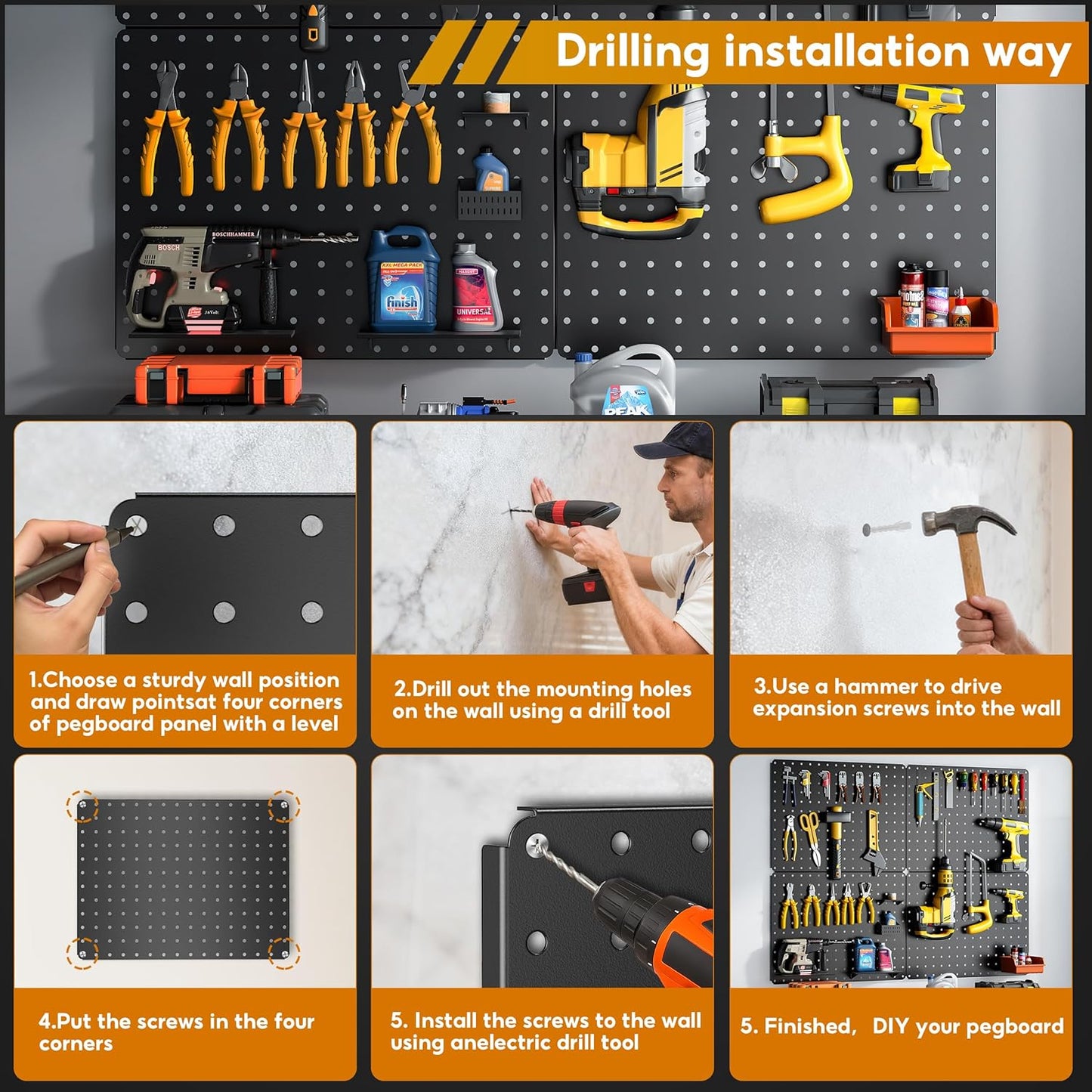 Peg Board, 112PCS Heavy Duty Metal Pegboard with Hooks, 6 Pack Black Peg Board Panels, 60lbs Load Capacity Each, Pegboard Wall Organizer for Garage, Workshop, Kitchen, Craft Rooms