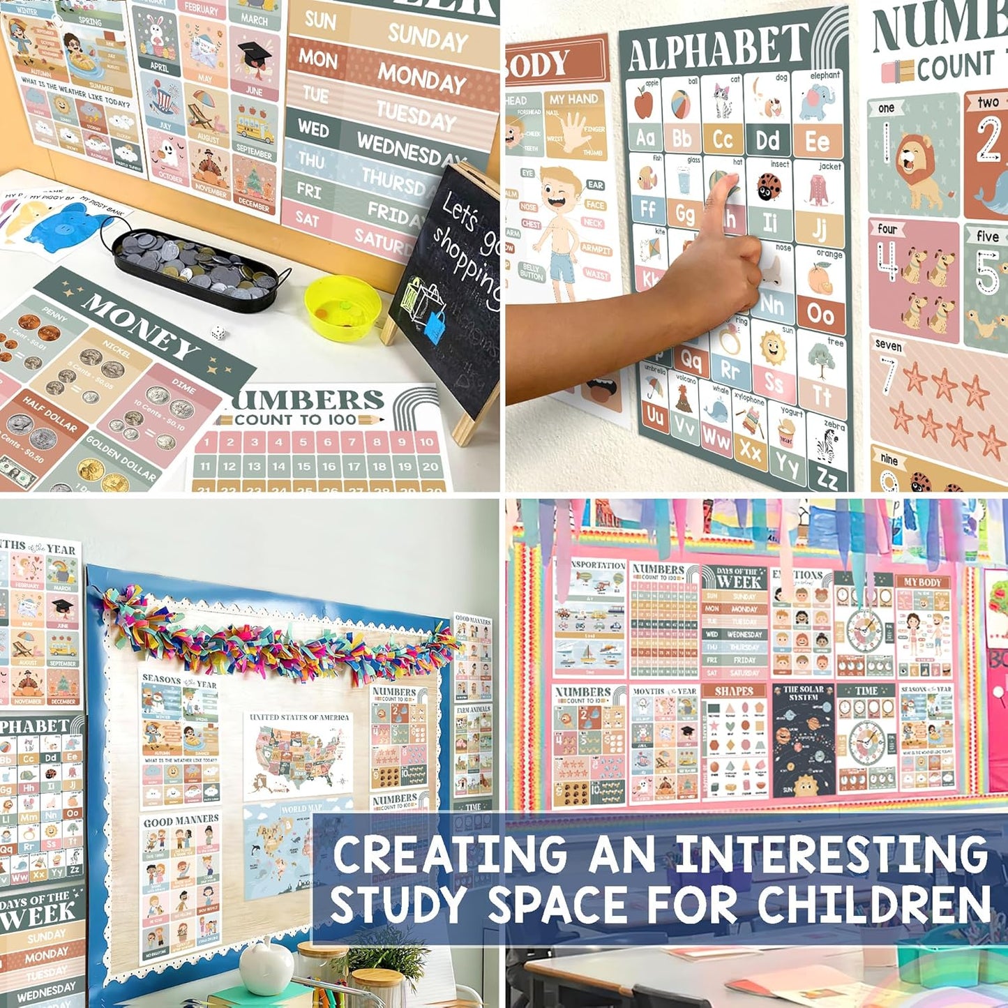 BEAWART 18 Laminated Educational Posters For Toddlers, Preschool Posters for Classroom, Kindergarten Wall Decor, PreK Learning Materials Alphabet Number Chart