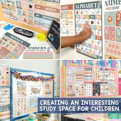 BEAWART 18 Laminated Educational Posters For Toddlers, Preschool Posters for Classroom, Kindergarten Wall Decor, PreK Learning Materials Alphabet Number Chart