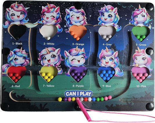 Unicorn Magnetic Wand Maze Board - Wooden Sorting Puzzle - Kids Ages 3–7 - Color Counting Toy for Toddlers - Montessori Learning for Fine Motor Skill Development with Number Matching Beads