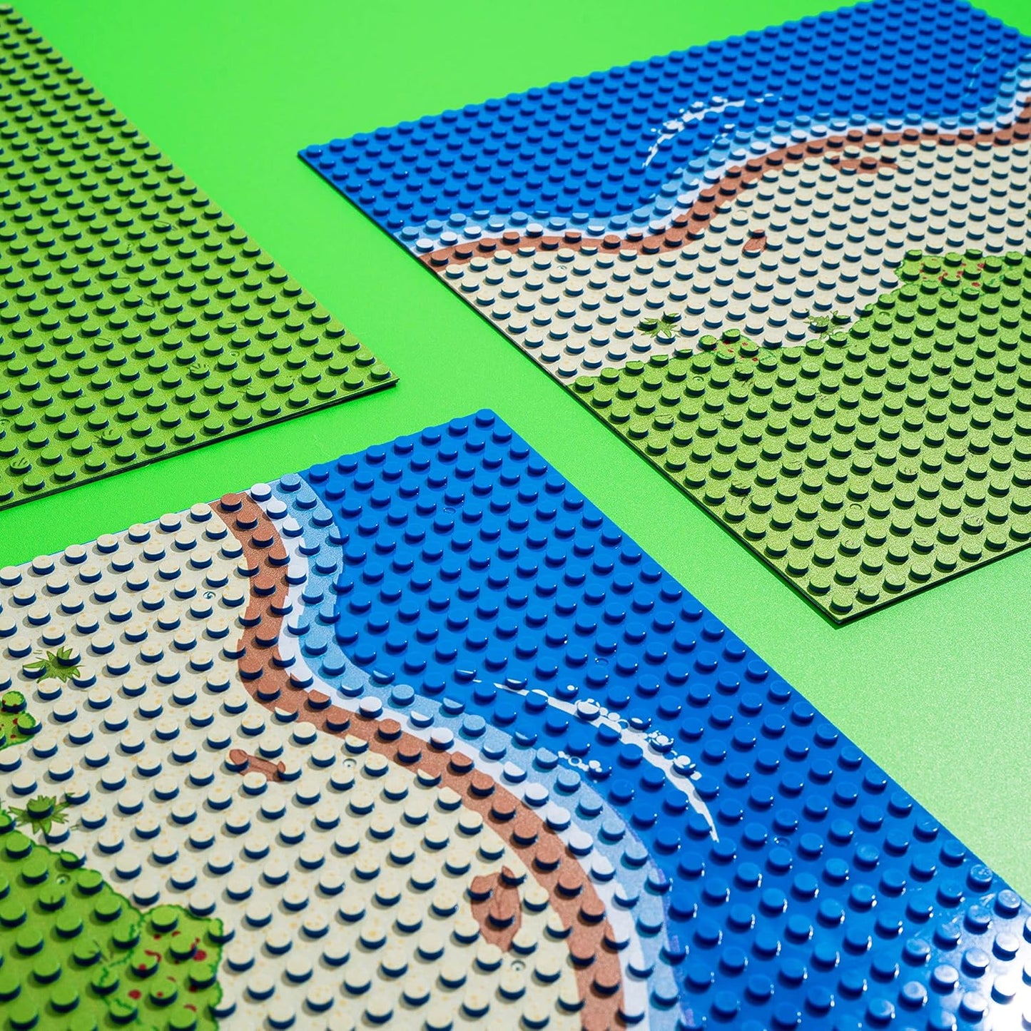 Apostrophe Games Island Building Block Base Plates Compatible with All Major Brands - 3 Pack Beach - 2 Straight & 1 Center Grass add-on to Expand Your Island - 10-1/16" x 10-1/16"Inches