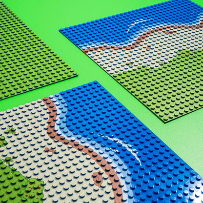 Apostrophe Games Island Building Block Base Plates Compatible with All Major Brands - 3 Pack Beach - 2 Straight & 1 Center Grass add-on to Expand Your Island - 10-1/16" x 10-1/16"Inches