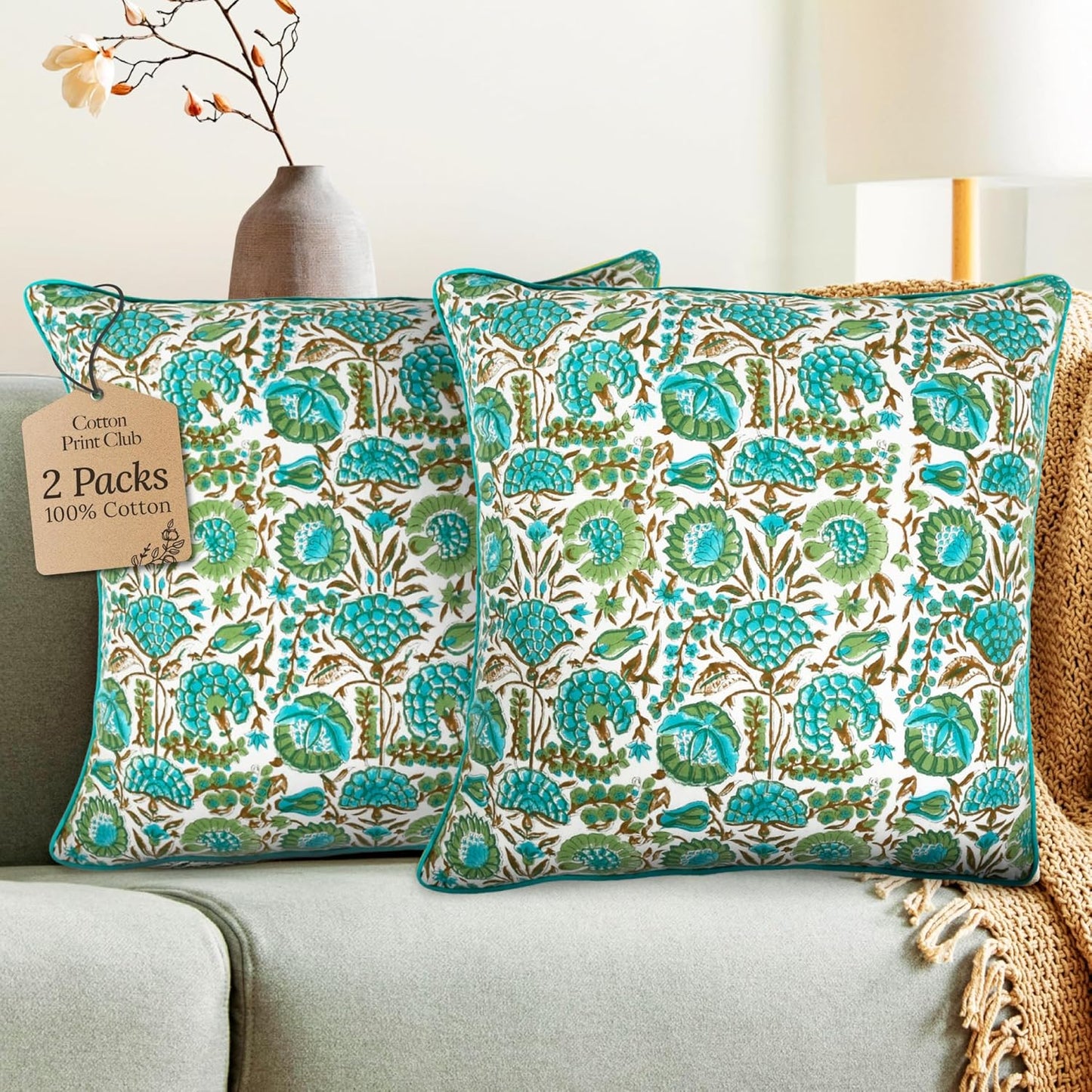 CPC 100% Cotton Throw Pillow Covers 18x18 Inch, Set of 2 Green Block Print Pattern Couch Pillow, Cute Boho Decorative Pillows for Living Room, Bedroom with Hidden Zipper- Agate Green