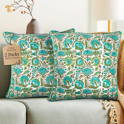 CPC 100% Cotton Throw Pillow Covers 18x18 Inch, Set of 2 Green Block Print Pattern Couch Pillow, Cute Boho Decorative Pillows for Living Room, Bedroom with Hidden Zipper- Agate Green