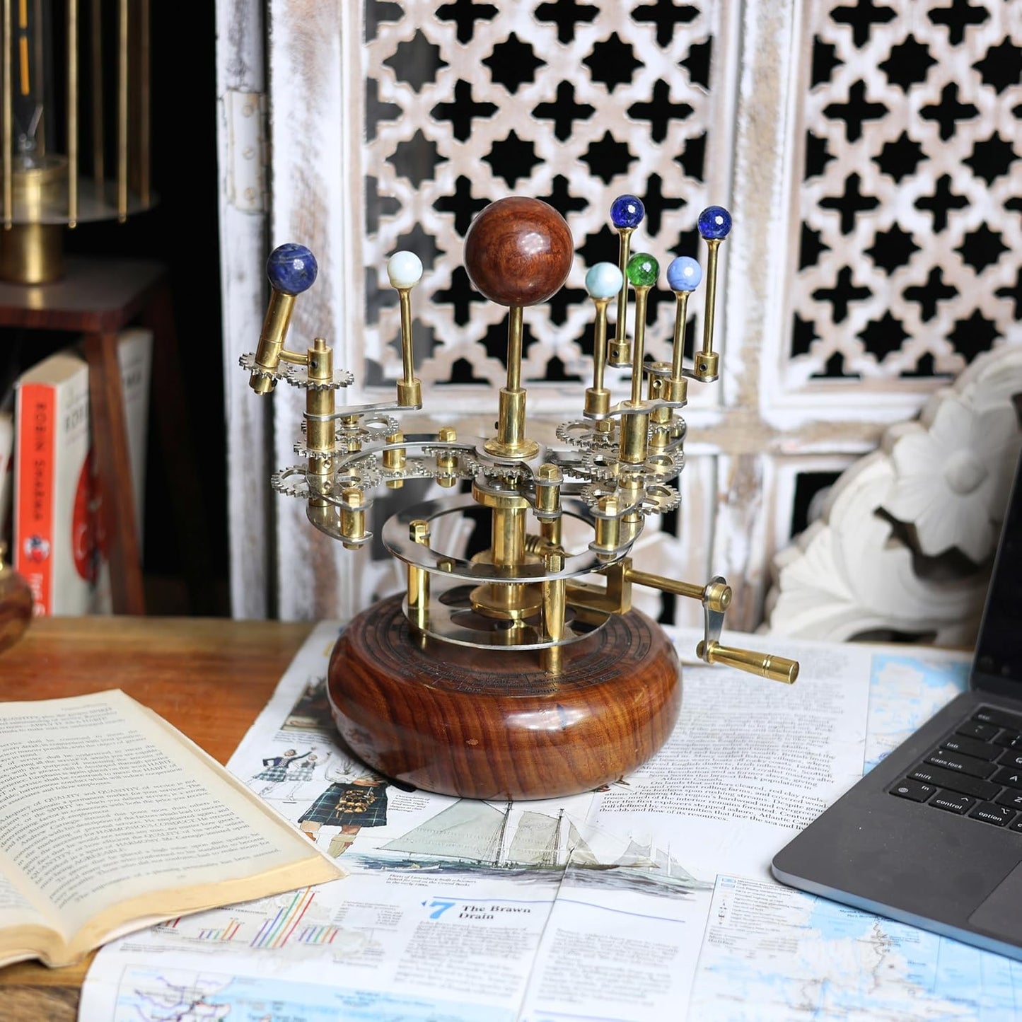 Luxury Vintage Brass Orrery – Exquisite Brass Planetary Gear Mechanism | Astronomical Desk Ornament | Solar System Model (8" Mercury, Venus, Earth, Mars, Uranus & Moons)