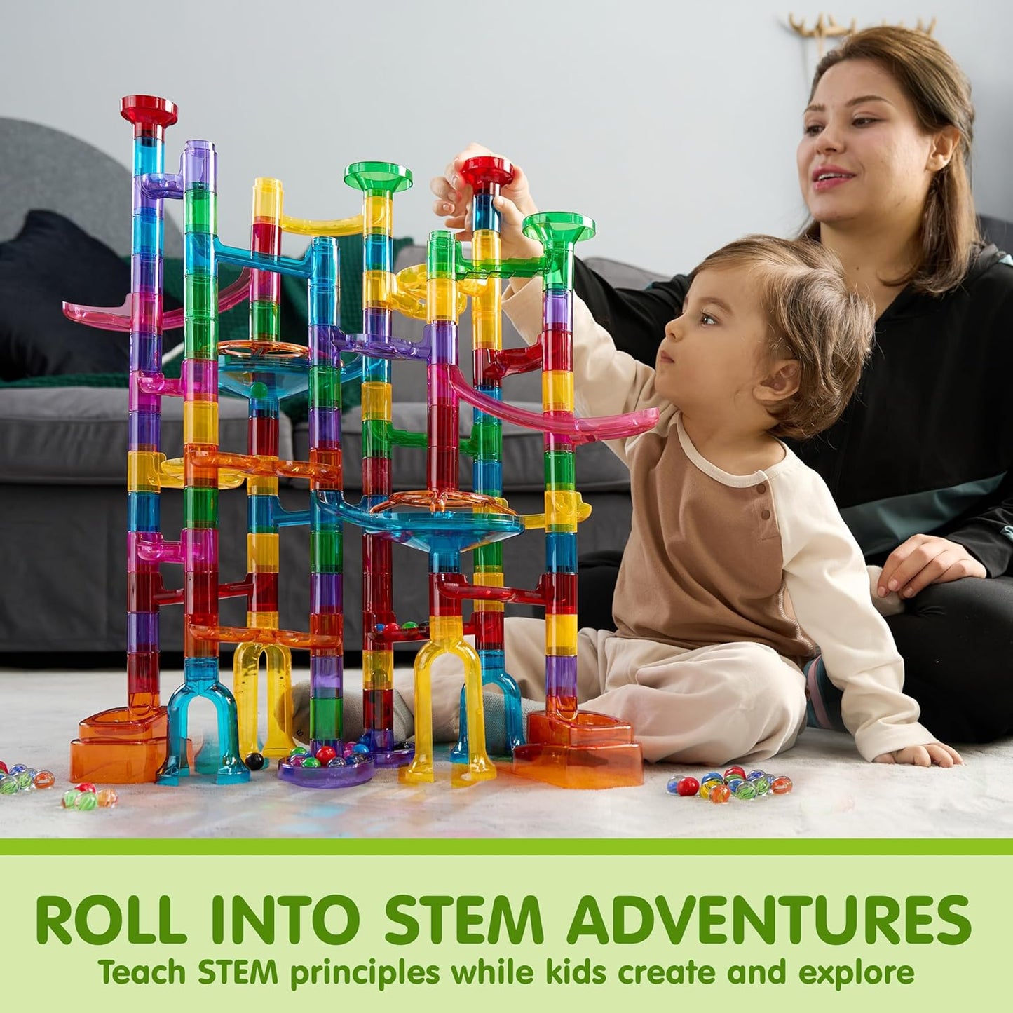 JOYIN 137Pcs Glowing Marble Run - Construction Building Blocks Toys with 15 Glow in The Dark Plastic Marbles, STEM Toy Presents for Boys and Girls, Birthday Gifts, Easter Basket Stuffers