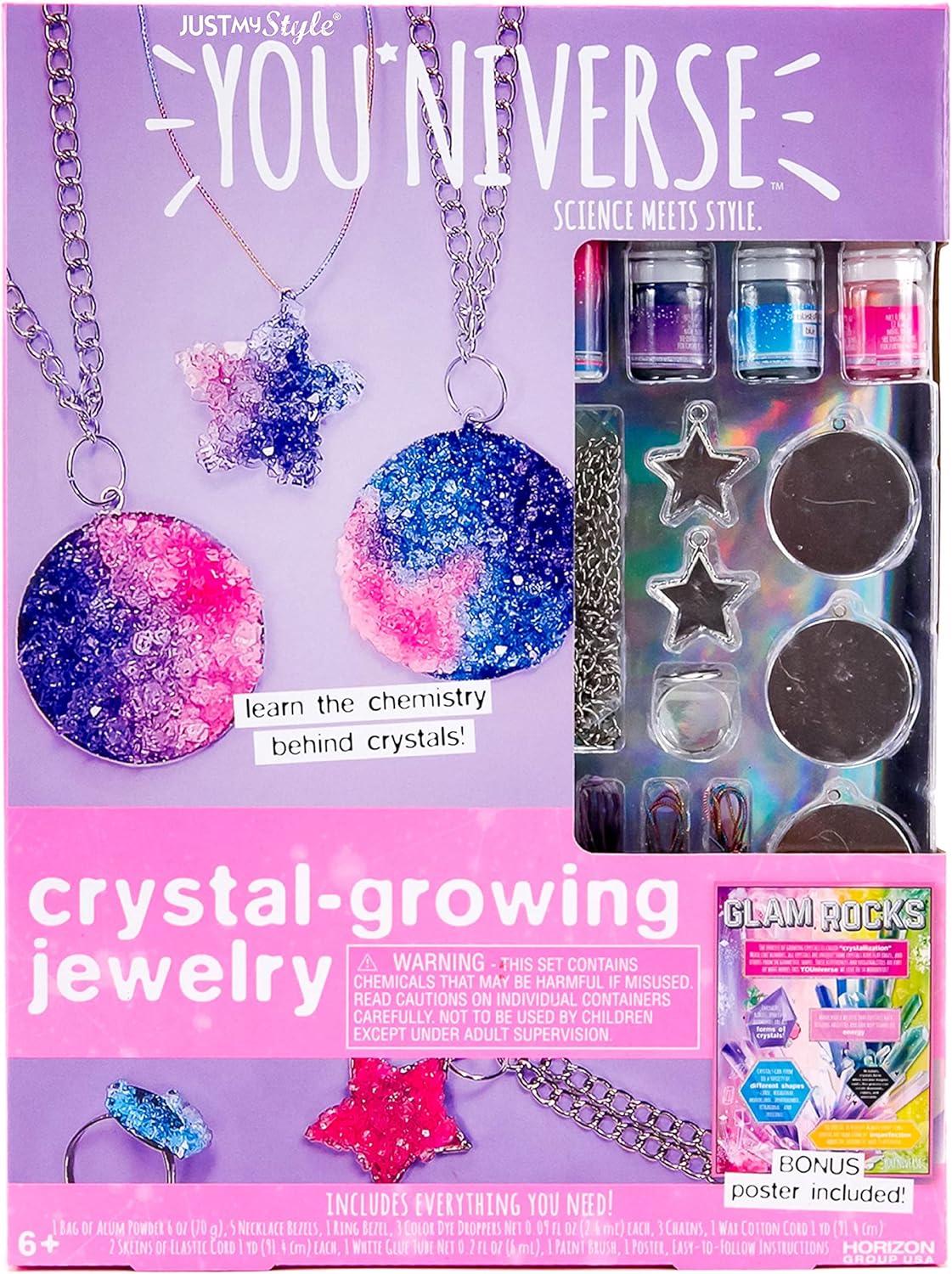 Just My Style YOU*niverse Crystal Growing Accessories by Horizon Group USA, Girl STEM Kit, Design 8 Crystal Growing Accessories & Make Your Own Pendants, Sparkling Hair Pins, Ring & More